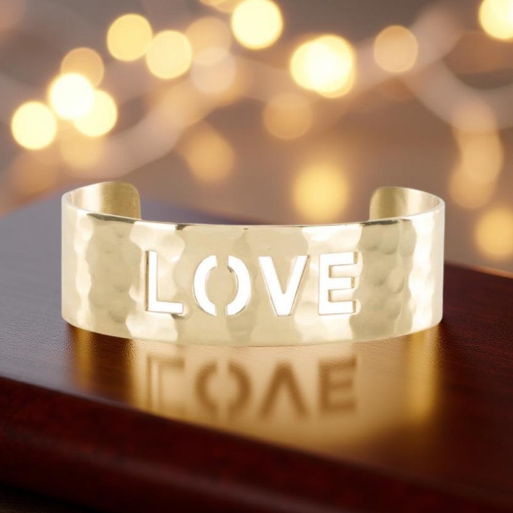 Hammered Bracelet Gold Cut Out Love Bracelet Signed Rustic Cuff NWOT